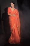 Buy_Kapardara_Orange Pure Silk Organza Hand Painted Sun Motif Saree _at_Aza_Fashions
