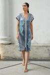 Buy_Kamaali Pret_Blue Bamberg Satin Horse Motif V Neck Print Shift Midi Dress _at_Aza_Fashions