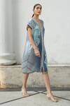 Kamaali Pret_Blue Bamberg Satin Horse Motif V Neck Print Shift Midi Dress _Online_at_Aza_Fashions