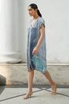 Buy_Kamaali Pret_Blue Bamberg Satin Horse Motif V Neck Print Shift Midi Dress _Online_at_Aza_Fashions