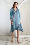 Kamaali Pret_Blue Bamberg Satin Horse Motif V Neck Print Shift Dress _Online_at_Aza_Fashions