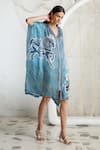 Buy_Kamaali Pret_Blue Bamberg Satin Horse Motif V Neck Print Shift Dress _Online_at_Aza_Fashions