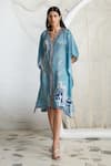 Shop_Kamaali Pret_Blue Bamberg Satin Horse Motif V Neck Print Shift Dress _Online_at_Aza_Fashions