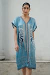 Buy_Kamaali Pret_Blue Bamberg Satin Horse Motif V Neck Woven Print Shift Dress _Online_at_Aza_Fashions