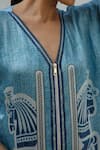 Shop_Kamaali Pret_Blue Bamberg Satin Horse Motif V Neck Woven Print Shift Dress _Online_at_Aza_Fashions