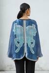 Shop_Kamaali Pret_Blue Bamberg Satin Horse Motif V Neck Printed Cape _at_Aza_Fashions