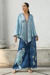 Buy_Kamaali Pret_Blue Bamberg Satin Printed Horse Motif V Neck Cape And Flared Pant Set  _at_Aza_Fashions