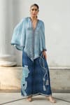 Kamaali Pret_Blue Bamberg Satin Printed Horse Motif V Neck Cape And Flared Pant Set  _Online_at_Aza_Fashions