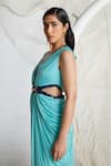 Kamaali Pret_Blue Nylon Lycra Plain Plunge V Neck Asymmetric Draped Dress _Online_at_Aza_Fashions