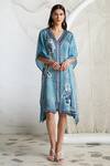 Buy_Kamaali Pret_Blue Bamberg Satin Horse Motif V Neck Print Kaftan _at_Aza_Fashions