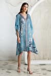 Kamaali Pret_Blue Bamberg Satin Horse Motif V Neck Print Kaftan _Online_at_Aza_Fashions
