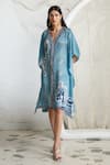 Buy_Kamaali Pret_Blue Bamberg Satin Horse Motif V Neck Print Kaftan _Online_at_Aza_Fashions