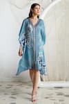 Shop_Kamaali Pret_Blue Bamberg Satin Horse Motif V Neck Print Kaftan _Online_at_Aza_Fashions