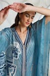 Kamaali Pret_Blue Bamberg Satin Horse Motif V Neck Print Kaftan _at_Aza_Fashions