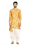 Aryavir Malhotra_Yellow Sherwani Silk Pant Cotton Printed And Dhoti Set _Online_at_Aza_Fashions