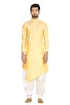 Aryavir Malhotra_Yellow Sherwani Silk Pant Cotton Printed And Dhoti Set _Online_at_Aza_Fashions