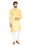 Buy_Aryavir Malhotra_Yellow Sherwani Silk Pant Cotton Embroidered And Churidar Set _at_Aza_Fashions