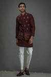 Buy_Punit Arora_Wine Silk Thread And Sequin Bundi & Kurta Set _at_Aza_Fashions