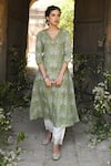 Karaj Jaipur_Green Kurta Chanderi Pant Cotton Dupatta Kota Doriya Printed Set_Online_at_Aza_Fashions