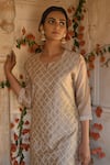 KARAJ JAIPUR_Beige Cotton Embroidery Notched Chanderi Kurta Set _at_Aza_Fashions