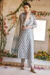 Buy_Karaj Jaipur_Grey Kurta And Dupatta Chanderi Pant Cotton Printed V Neck Set_at_Aza_Fashions