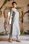 Karaj Jaipur_Grey Kurta And Dupatta Chanderi Pant Cotton Printed V Neck Set_Online_at_Aza_Fashions