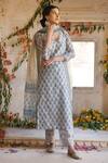 Buy_Karaj Jaipur_Grey Kurta And Dupatta Chanderi Pant Cotton Printed V Neck Set_Online_at_Aza_Fashions
