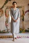 Shop_Karaj Jaipur_Grey Kurta And Dupatta Chanderi Pant Cotton Printed V Neck Set_Online_at_Aza_Fashions