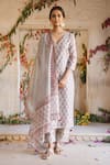 Buy_KARAJ JAIPUR_Grey Kurta And Dupatta Chanderi Pant Cotton Printed V Neck Set _at_Aza_Fashions