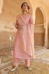 Buy_KARAJ JAIPUR_Pink Kurta Chanderi Pant Cotton Dupatta Kota Doriya Embroidery Round Set _at_Aza_Fashions