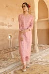 Shop_KARAJ JAIPUR_Pink Kurta Chanderi Pant Cotton Dupatta Kota Doriya Embroidery Round Set _at_Aza_Fashions