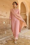 KARAJ JAIPUR_Pink Kurta Chanderi Pant Cotton Dupatta Kota Doriya Embroidery Round Set _Online_at_Aza_Fashions