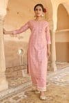 Buy_KARAJ JAIPUR_Pink Kurta Chanderi Pant Cotton Dupatta Kota Doriya Embroidery Round Set _Online_at_Aza_Fashions