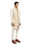 Kunal Rawal_Gold Linen Satin Flower Mock Layer Sleeveless Jacket _Online_at_Aza_Fashions