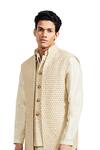 Kunal Rawal_Gold Linen Satin Flower Mock Layer Sleeveless Jacket _at_Aza_Fashions