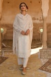 Buy_KARAJ JAIPUR_White Kurta Chanderi Embroidered Lucknowi Notched Straight Set _at_Aza_Fashions