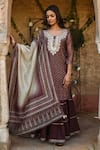 KARAJ JAIPUR_Brown Kurta Chanderi Printed Floral Round Sharara Set _Online_at_Aza_Fashions