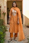 KARAJ JAIPUR_Orange Kurta Chanderi Printed Leheriya Notched Set _Online_at_Aza_Fashions