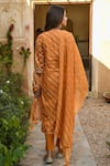 Shop_KARAJ JAIPUR_Orange Kurta Chanderi Printed Leheriya Notched Set _at_Aza_Fashions