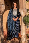 Buy_KARAJ JAIPUR_Blue Kurta Chanderi Printed Leheriya Round Set _at_Aza_Fashions