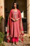 Buy_Karaj Jaipur_Pink Kurta Chanderi Printed Stripe Round Set_at_Aza_Fashions