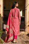 Shop_Karaj Jaipur_Pink Kurta Chanderi Printed Stripe Round Set_at_Aza_Fashions