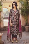 KARAJ JAIPUR_Grey Kurta Chanderi Printed Floral Notched Set _Online_at_Aza_Fashions