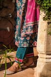 KARAJ JAIPUR_Green Kurta Chanderi Printed Floral Notched Set _at_Aza_Fashions