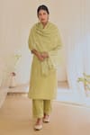 KARAJ JAIPUR_Green Kurta And Pant Cotton Printed Polka Dot Notched Set _Online_at_Aza_Fashions