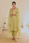 Buy_KARAJ JAIPUR_Green Kurta And Pant Cotton Printed Polka Dot Notched Set _Online_at_Aza_Fashions