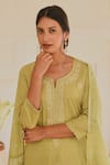 KARAJ JAIPUR_Green Kurta And Pant Cotton Printed Polka Dot Notched Set _at_Aza_Fashions