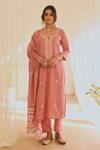 Buy_KARAJ JAIPUR_Pink Kurta And Pant Cotton Printed Polka Dot Notched Set_at_Aza_Fashions