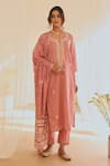 KARAJ JAIPUR_Pink Kurta And Pant Cotton Printed Polka Dot Notched Set_Online_at_Aza_Fashions