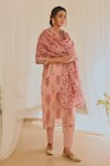 KARAJ JAIPUR_Pink Kurta And Dupatta Chanderi Block Print Floral Notched Set _Online_at_Aza_Fashions